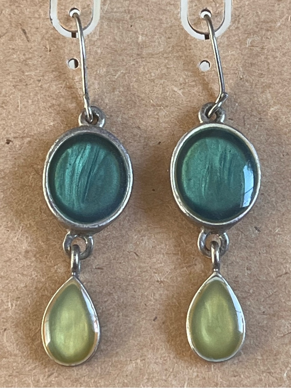 Handcrafted Silver Drop Earrings with Green and Yellow Stones - Picture 2 of 3
